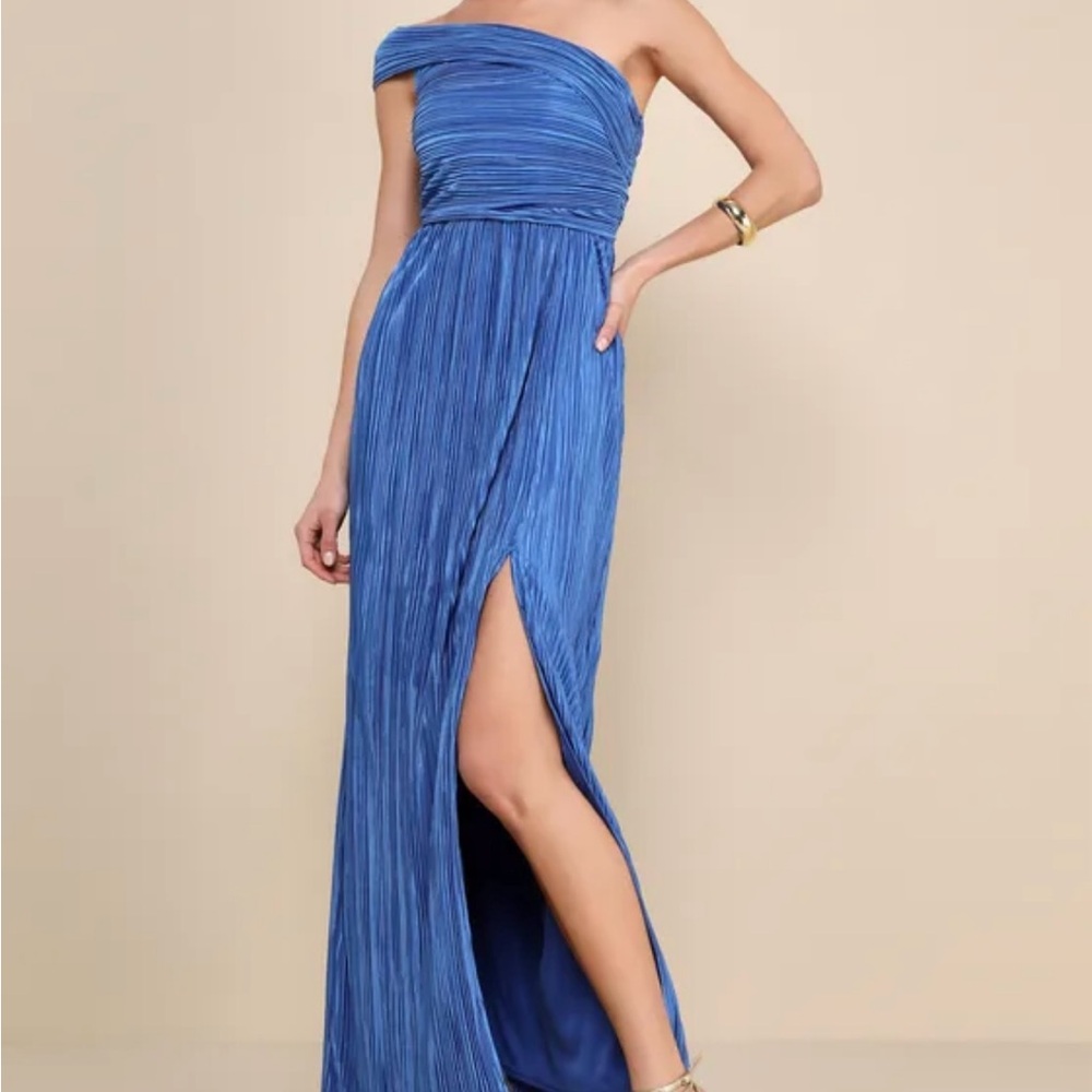 Poised Performance Blue Plisse One-Shoulder
Maxi Dress